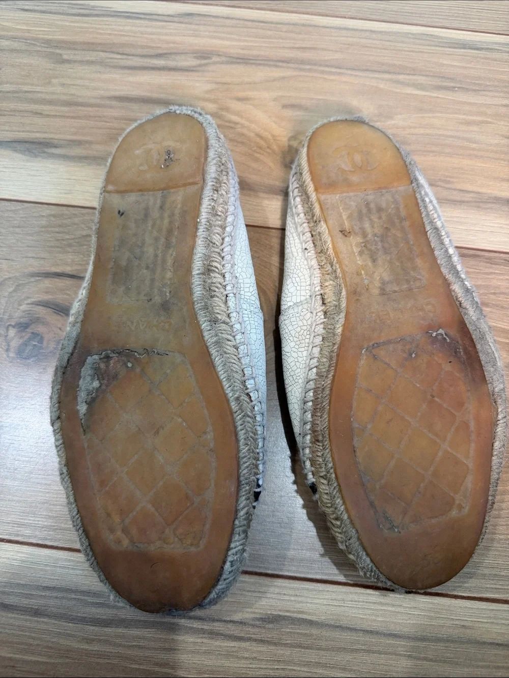 CHANEL Cream Espadrilles with Black Patent Toe Caps